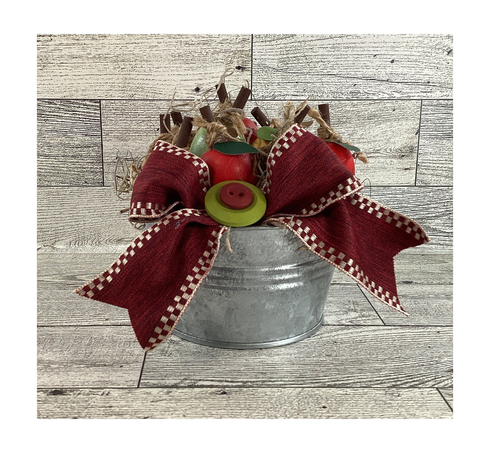 AGD Fall Decor - Chunky Wood Apple Sitter and Metal Tub 2pc Set