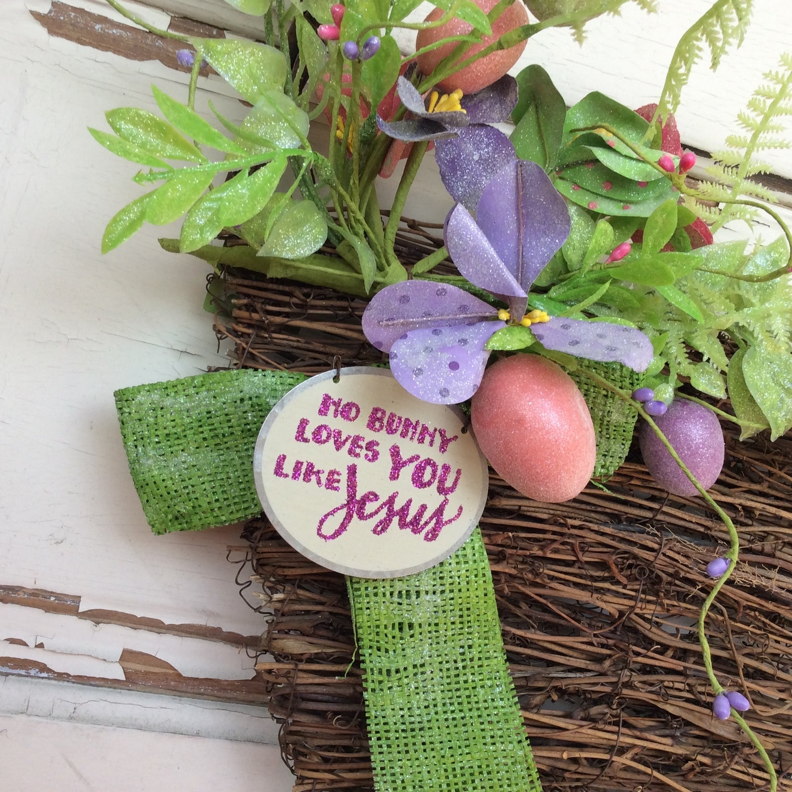 AGD Spring Easter Decor – No Bunny Loves Like Jesus Grapevine Basket Wreath