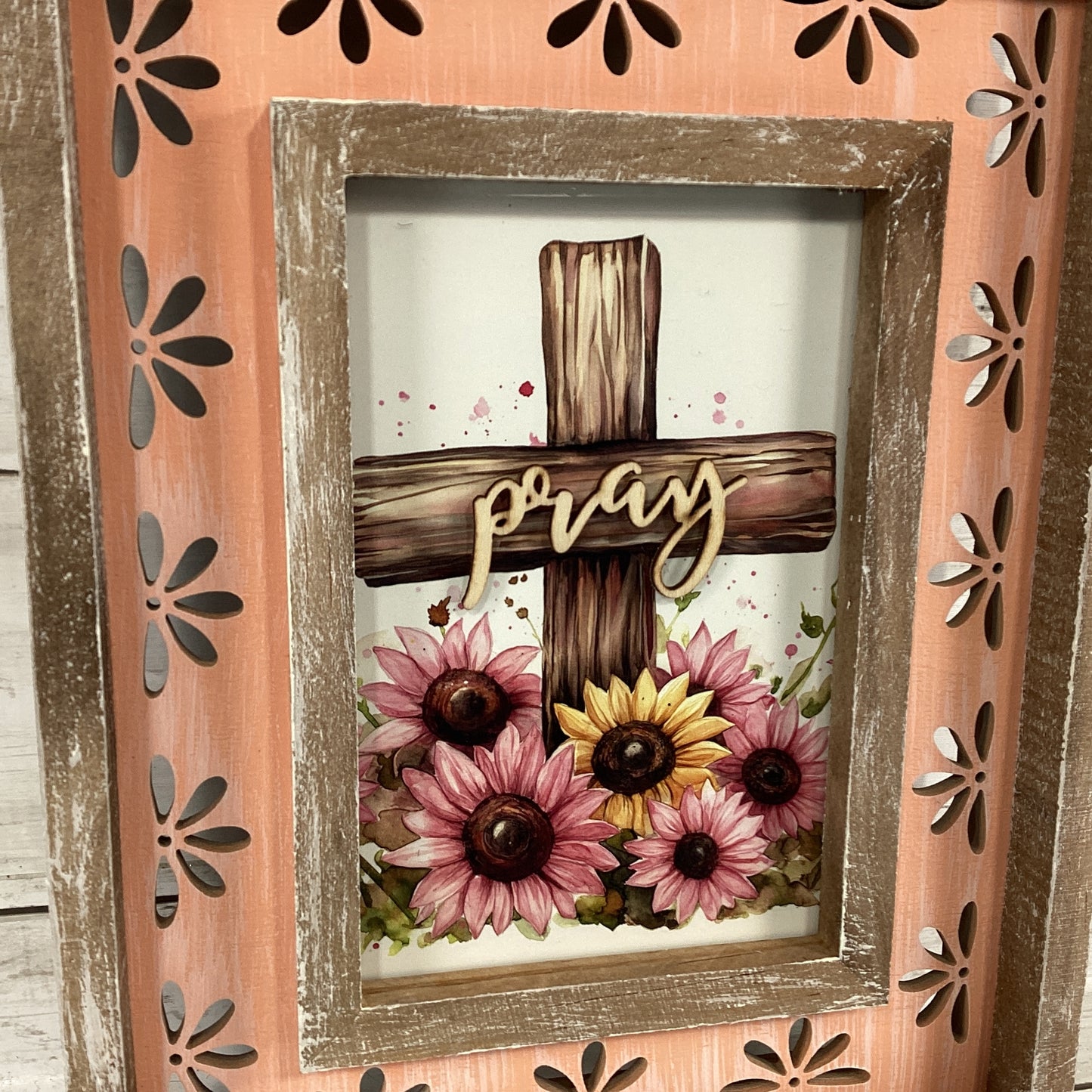 AGD Home Decor - Pray Cross Pink Sunflower Wood Tabletop Sign
