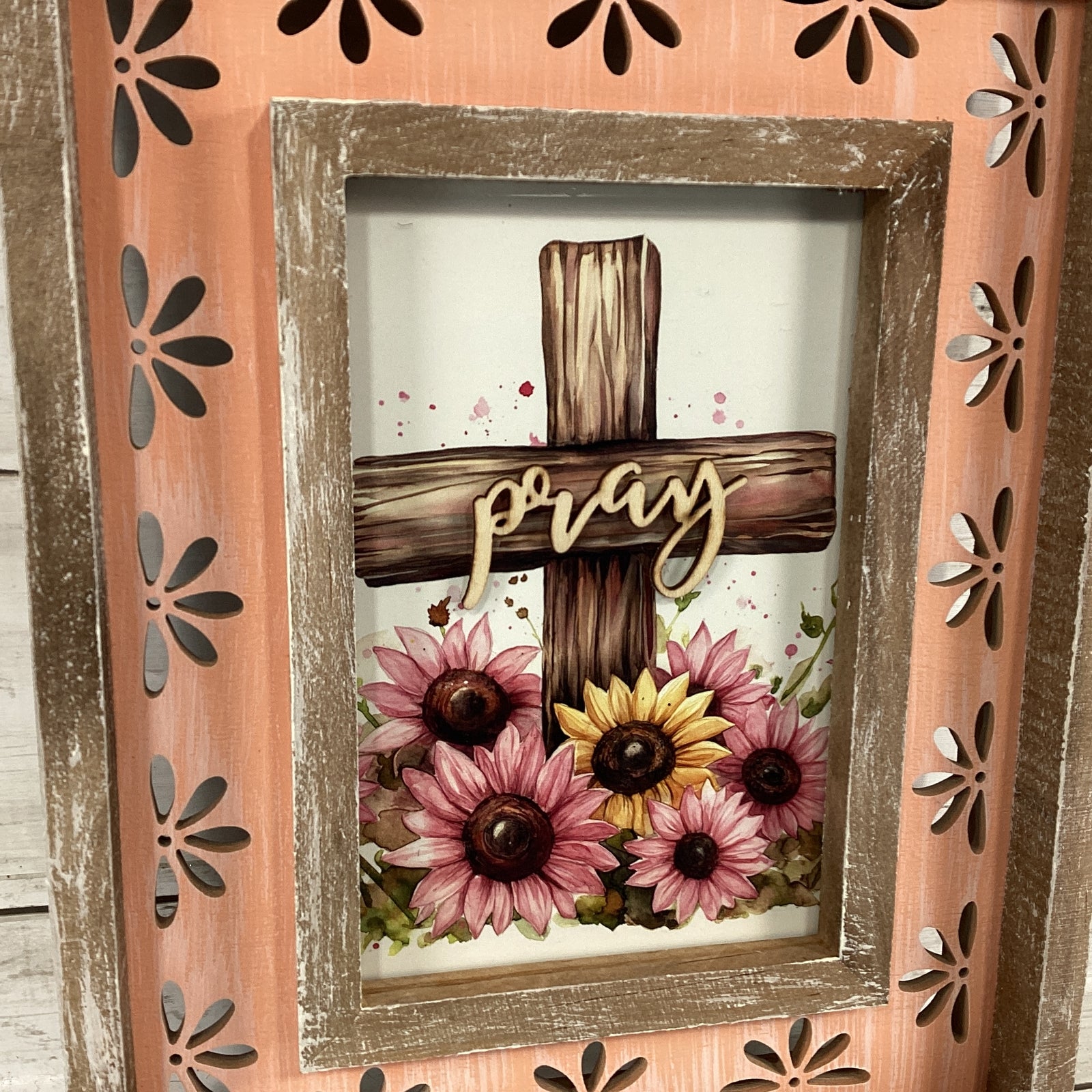 AGD Home Decor - Pray Cross Pink Sunflower Wood Tabletop Sign