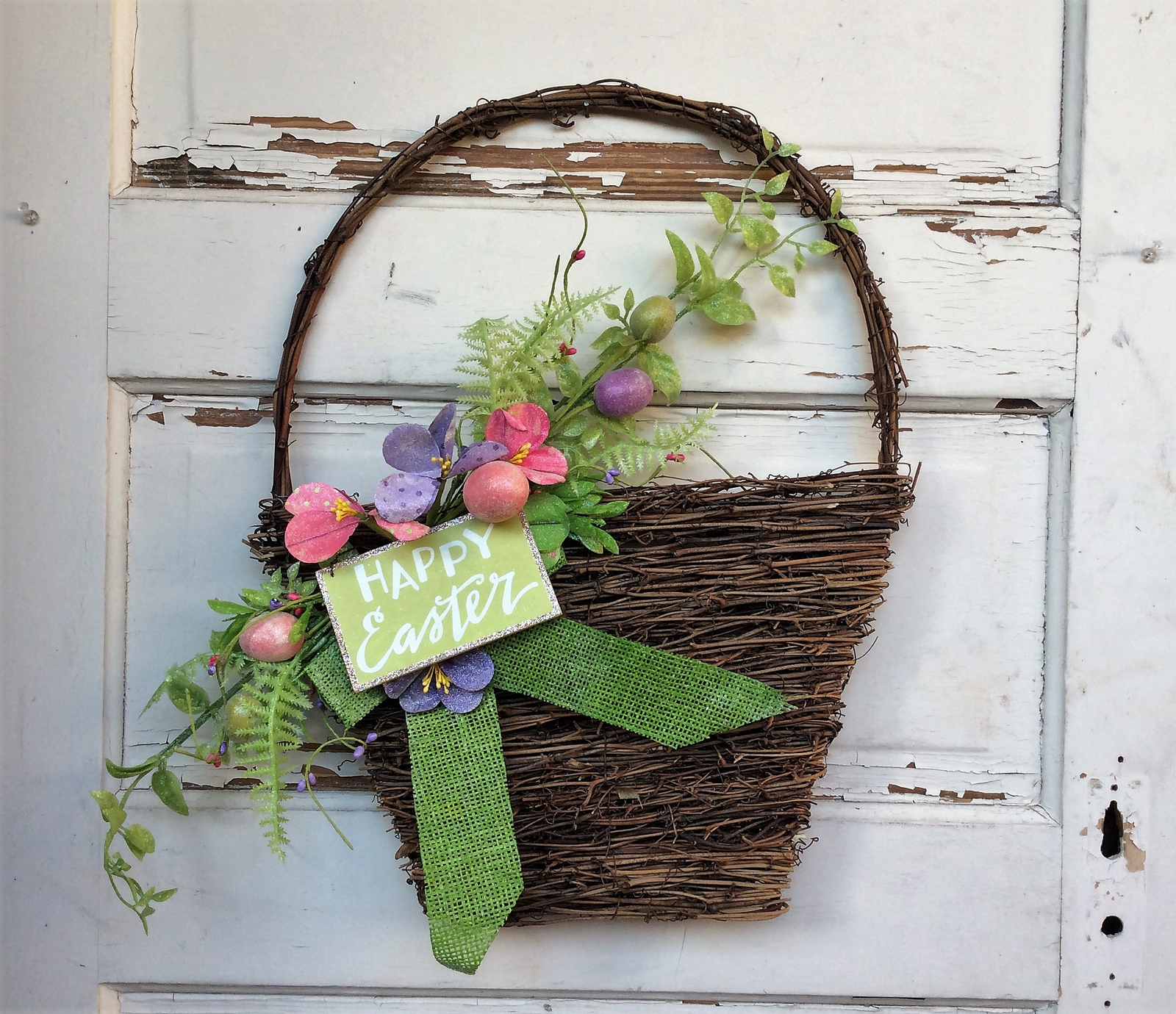 AGD Spring Easter Decor – Happy Spring Grapevine Basket Wreath