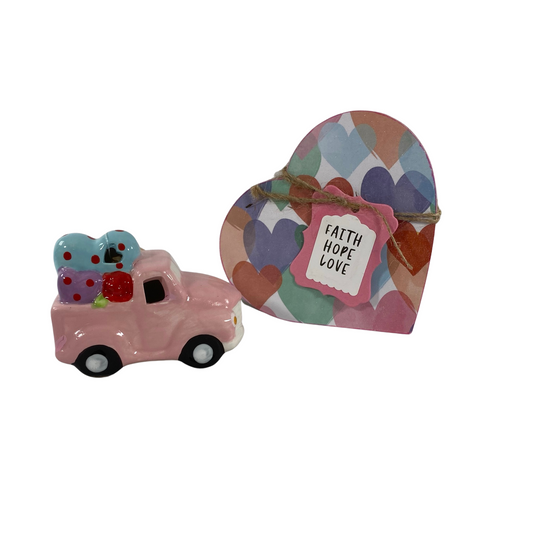AGD Valentines Decor - Chunky Heart and Ceramic Light Up Truck 2pc