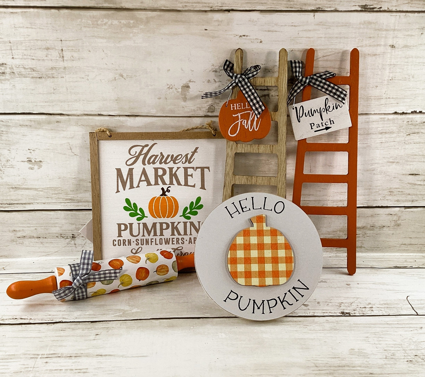 HL Fall Decor - Hello Pumpkin Theme Ladder Rolling Pin Tier Tray 5pc Set