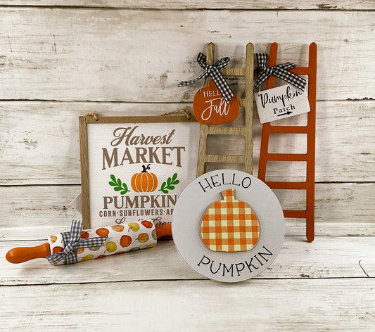 HL Fall Decor - Hello Pumpkin Theme Ladder Rolling Pin Tier Tray 5pc Set