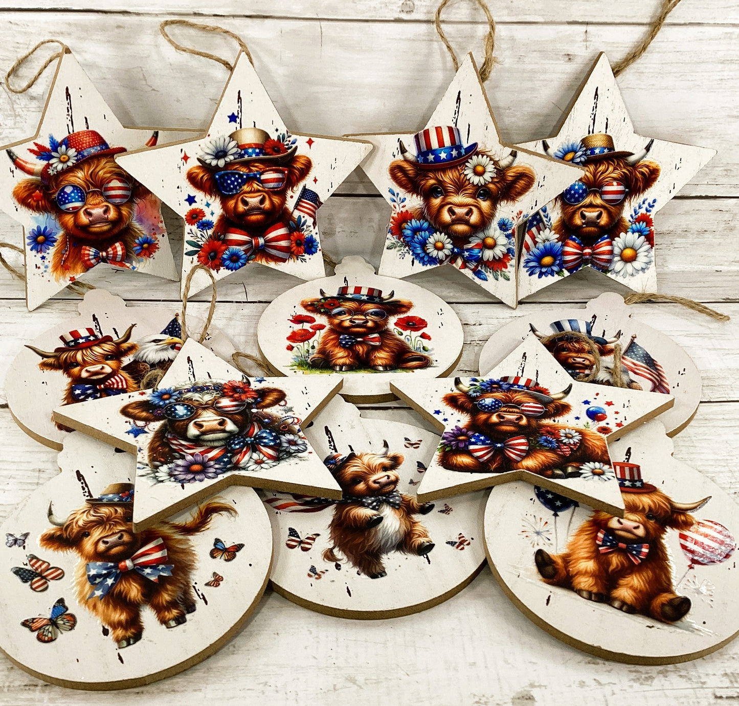 AGD Patriotic Decor - July 4th Highland Cow Ornaments 12pc Set