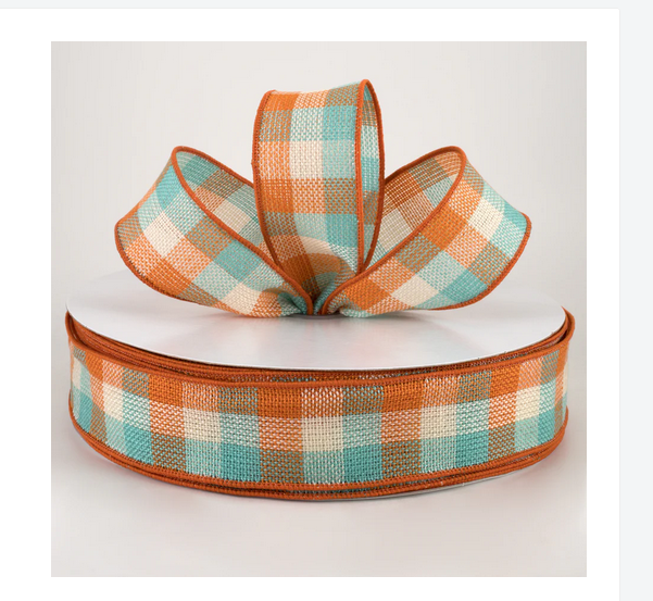 Fall Craft Ribbon - Plaid Checked Teal, Orange, Cream 1.5-inch 30yd