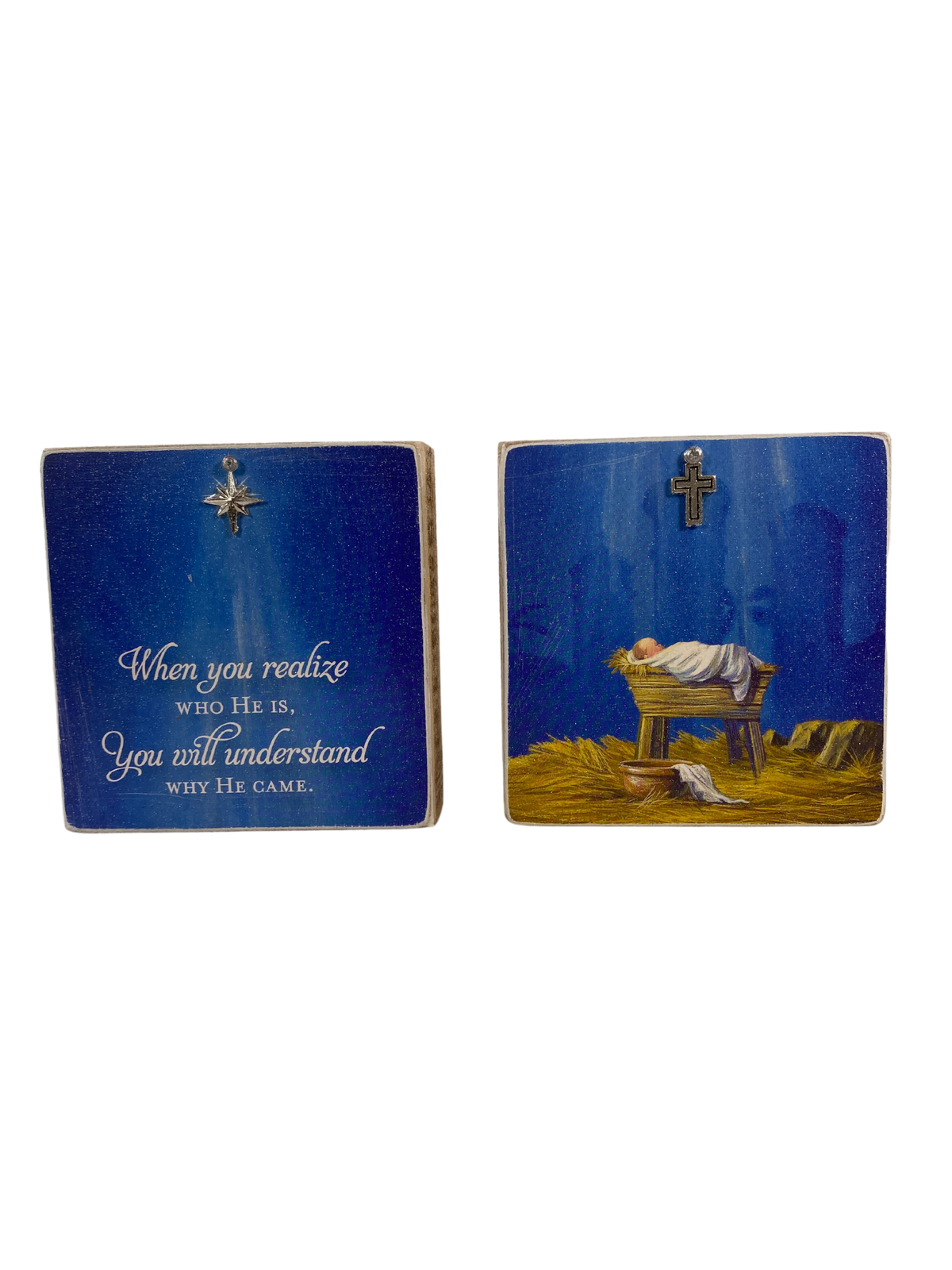 AGD Christmas Decor - Baby Jesus Savior Nativity Block Tier Tray Signs 2pc