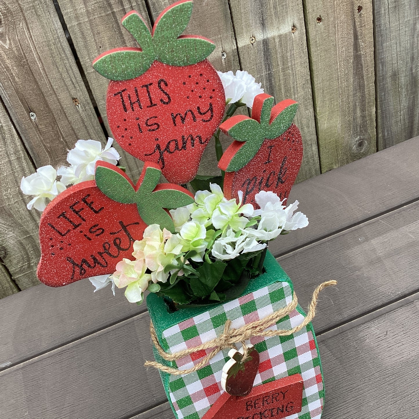 AGD Spring Decor - Summer Strawberry Theme Floral Wood Mason Jar Display