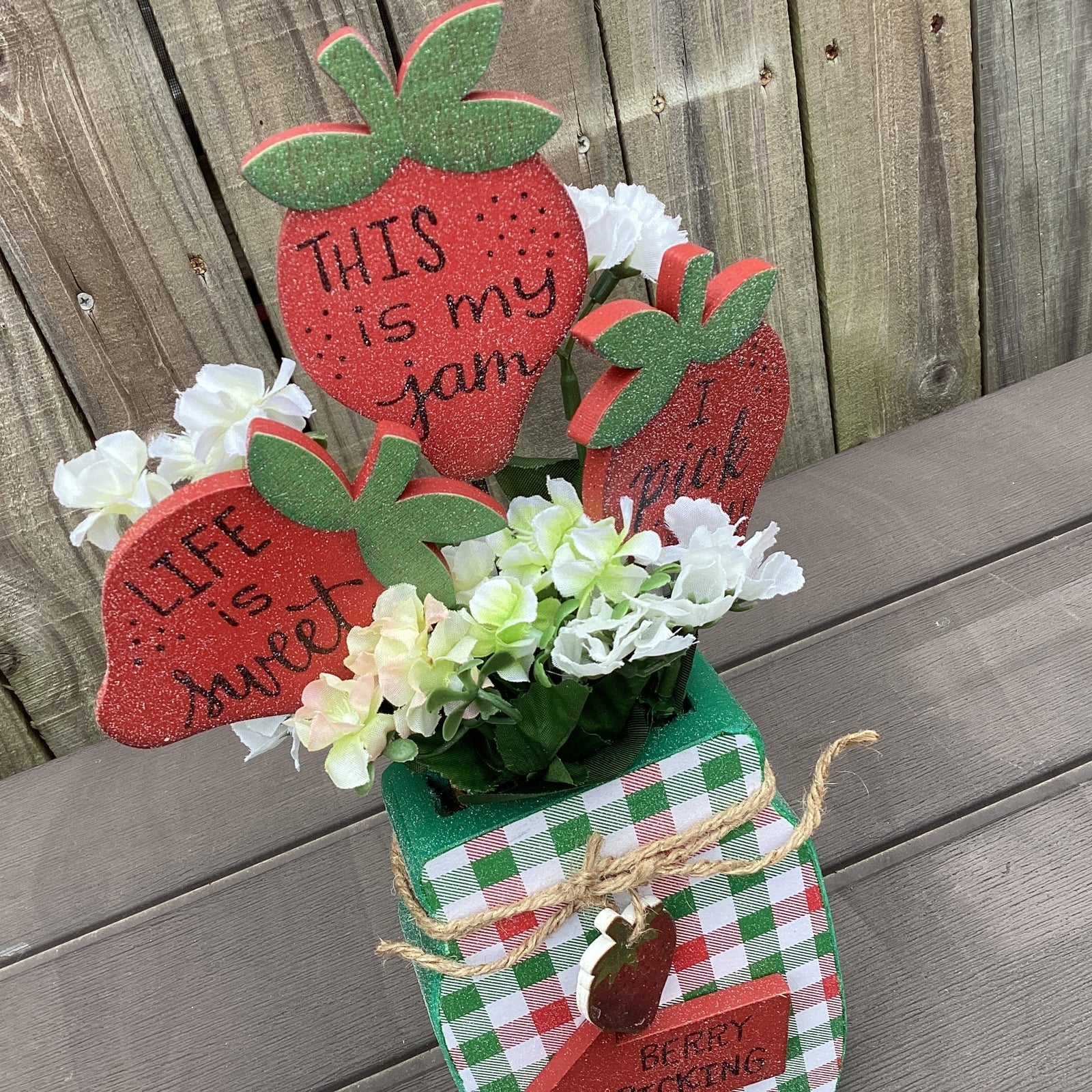 AGD Spring Decor - Summer Strawberry Theme Floral Wood Mason Jar Display
