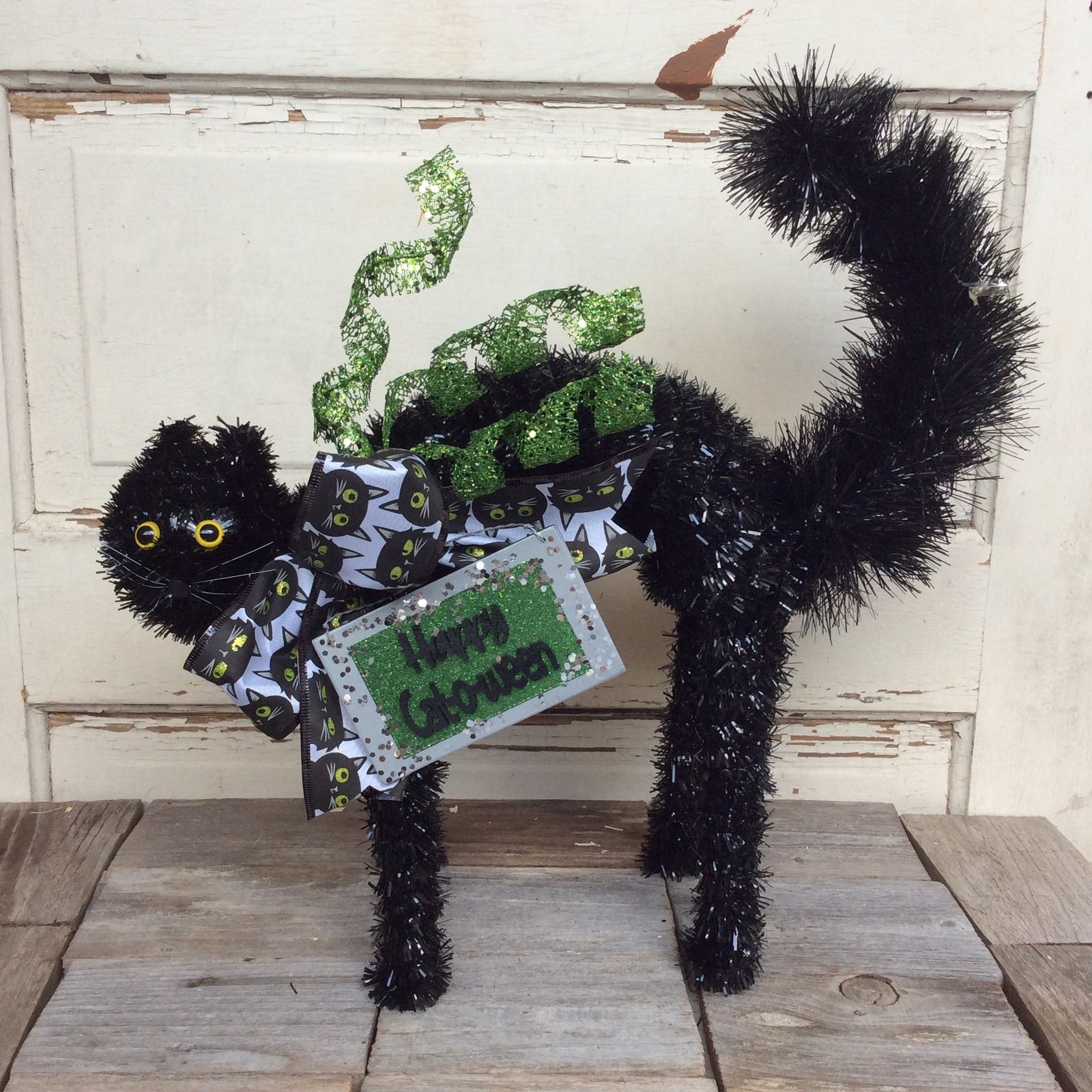 AGD Halloween Decor - HAPPY CAT-O-WEEN Tabletop BlackTinsel Cat