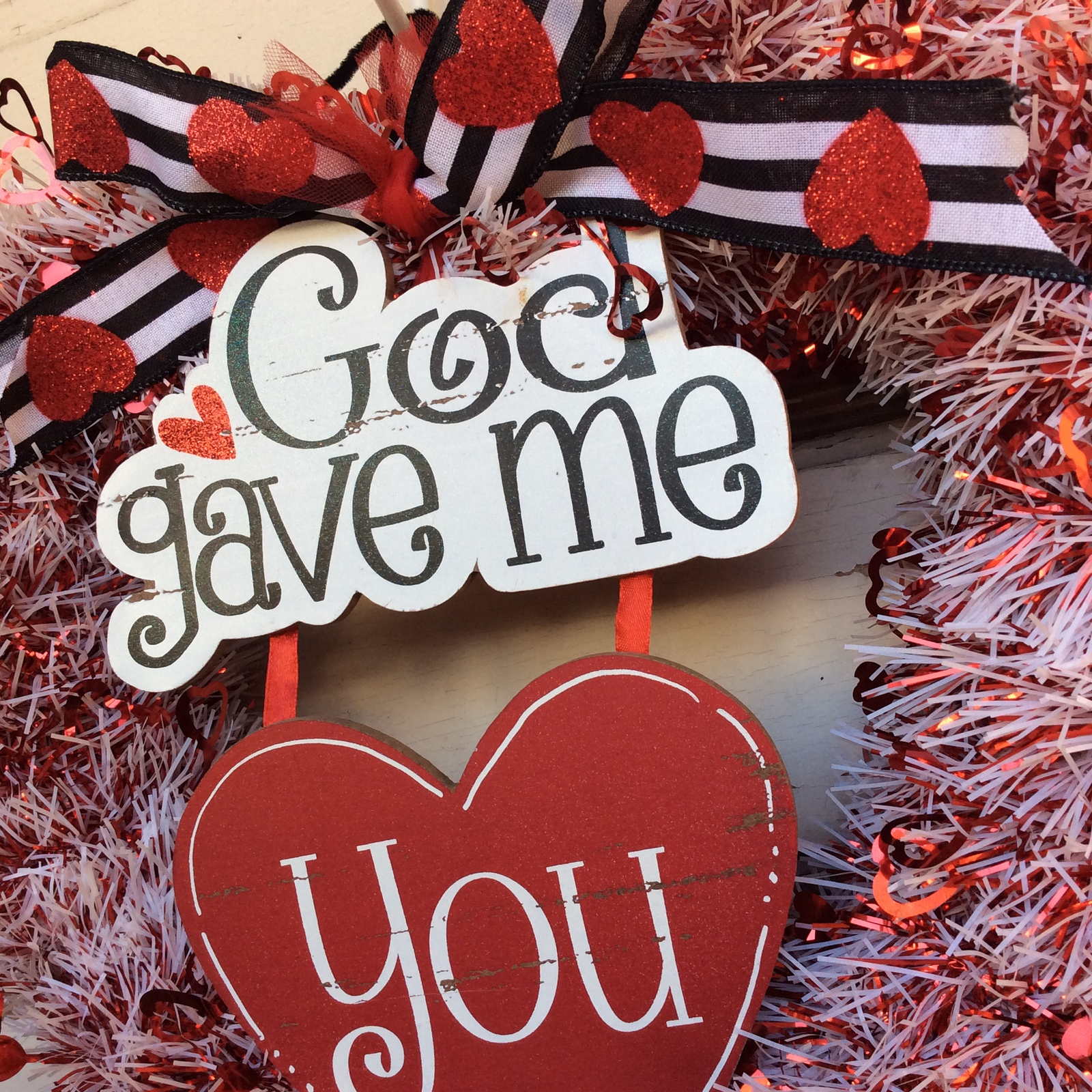 AGD Valentines Decor - Red White God Gave Me You Tinsel Wreath