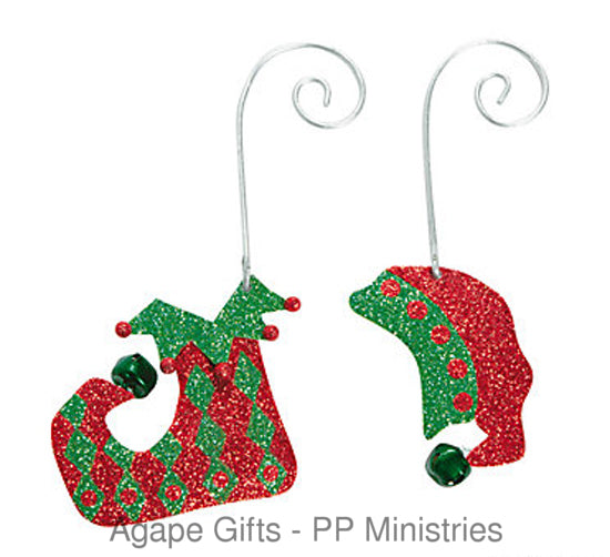 FE-OTC Glitter Elf Elves Christmas Ornaments - Shoe (Boot) & Hat - 2 Pc. Set