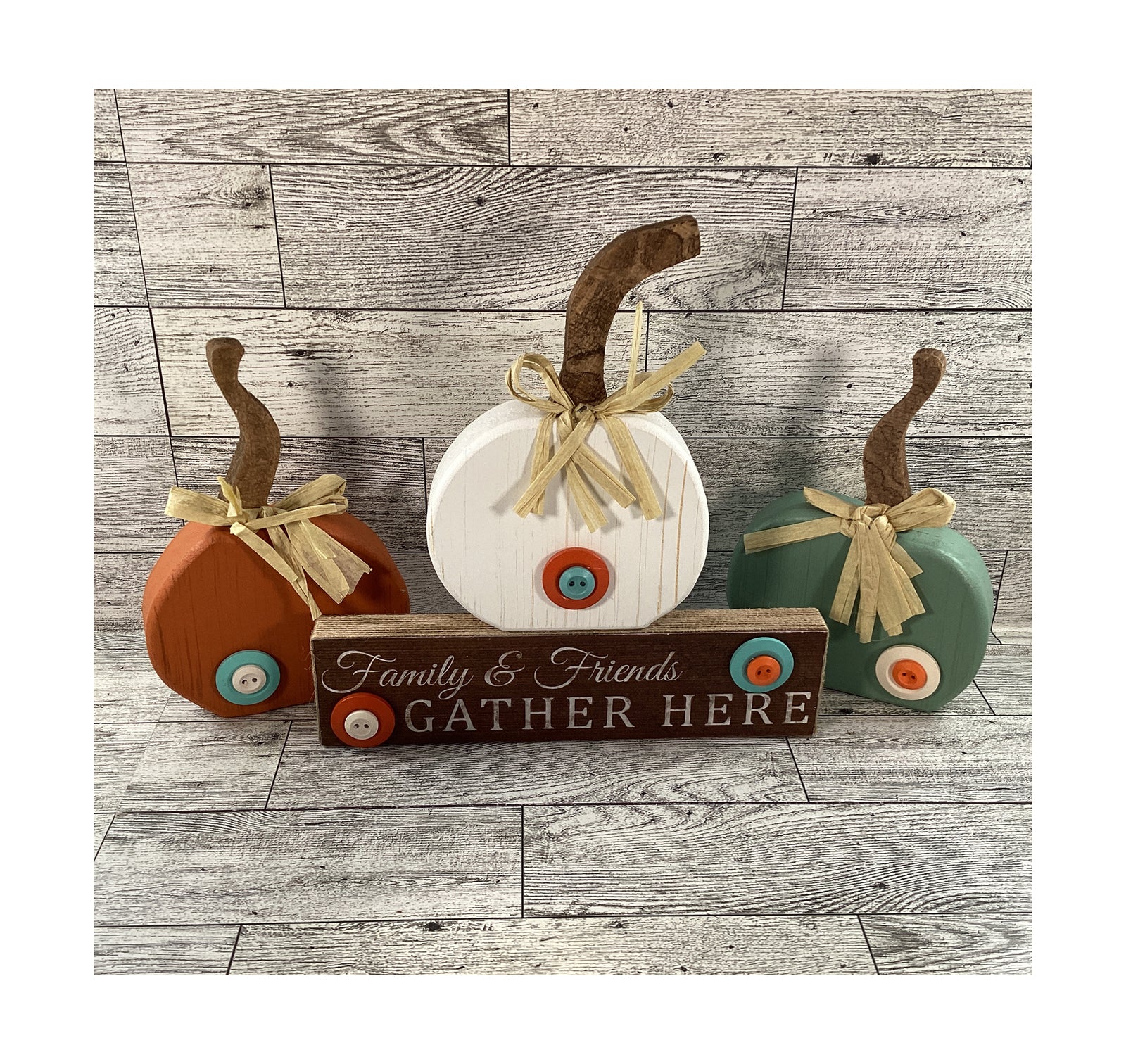 AGD Fall Decor - Gather Here Sign Chunky Whimsy Pumpkins 4pc Set