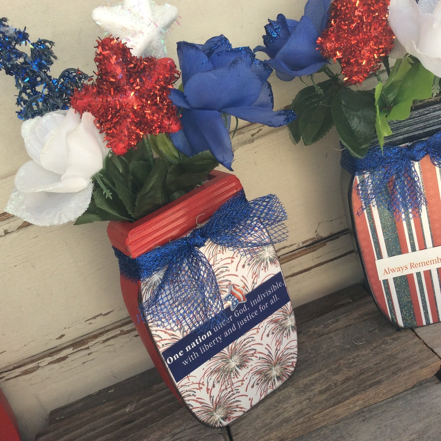 AGD Patriotic Decor - One Nation Sept 11th Floral Wood Mason Jar 2pc Set