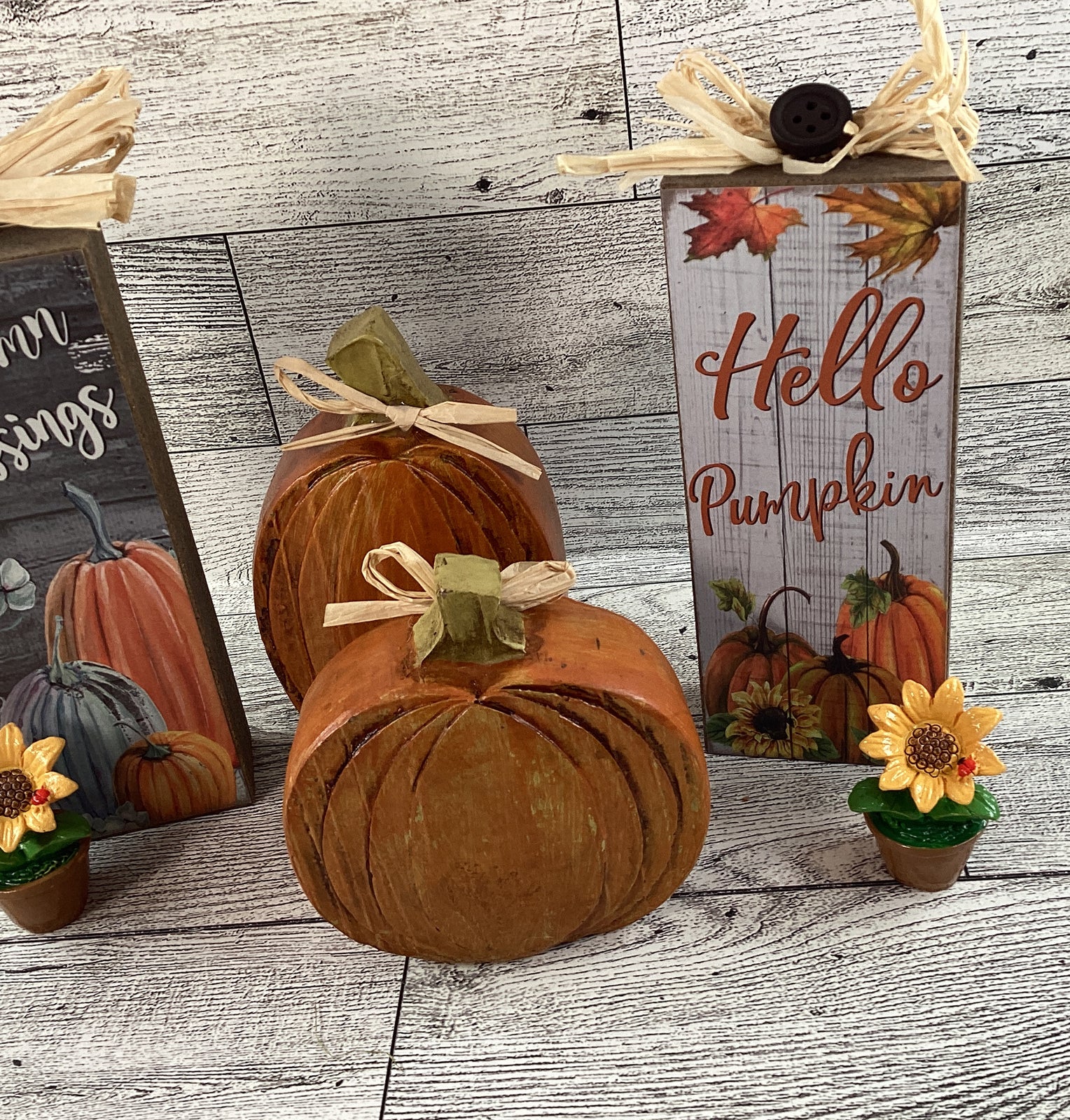 AGD Fall Decor - Resin Pumpkins Block Signs Mini Sunflowers Tier Tray 6pc