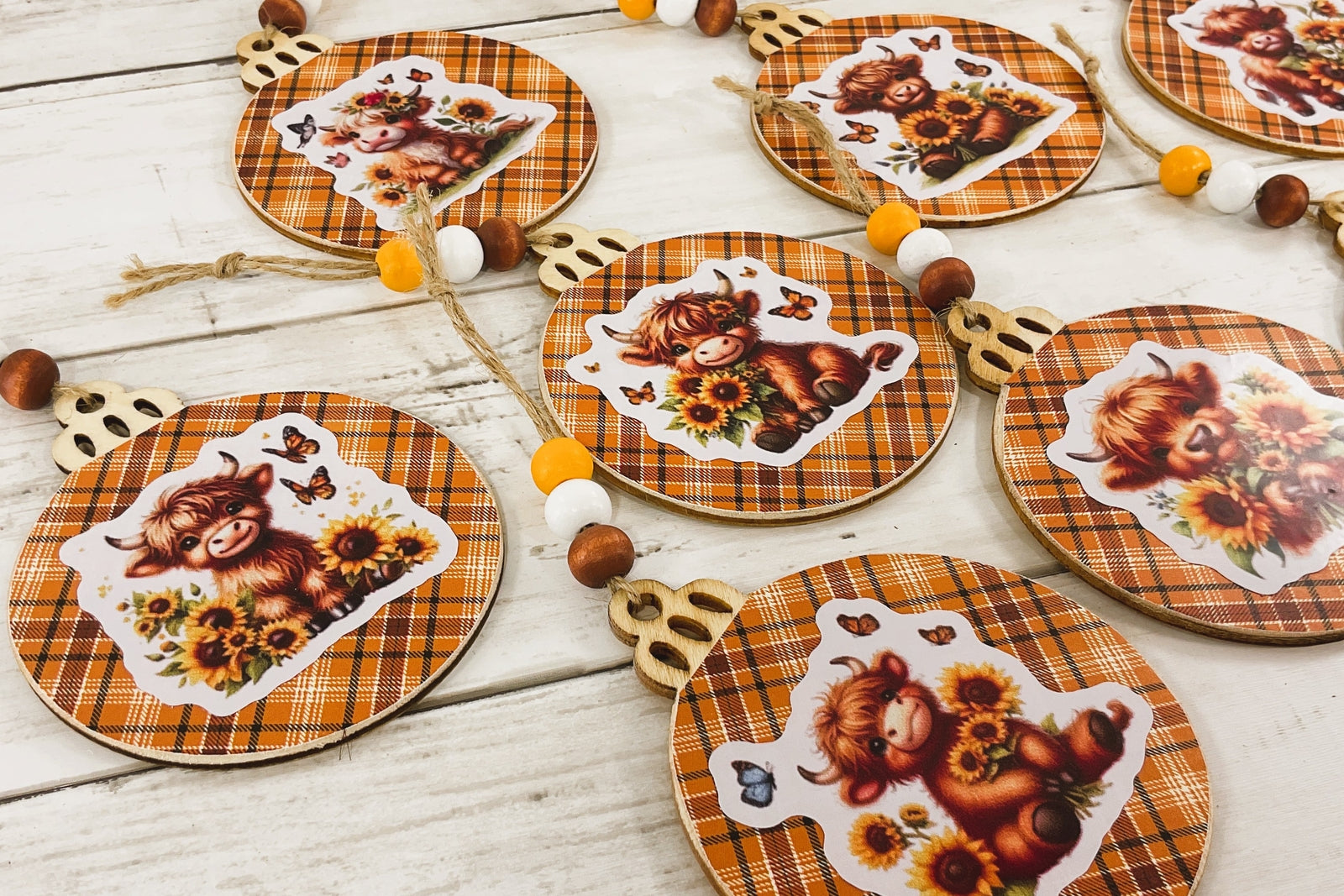 AGD Fall Decor - Sunflower Highland Cow Wood Ornaments 8pc Set