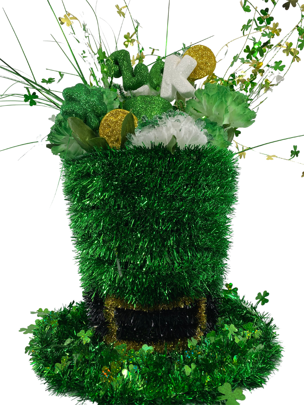 AGD St Patrick's Decor - Large Green Tinsel Tophat Centerpiece