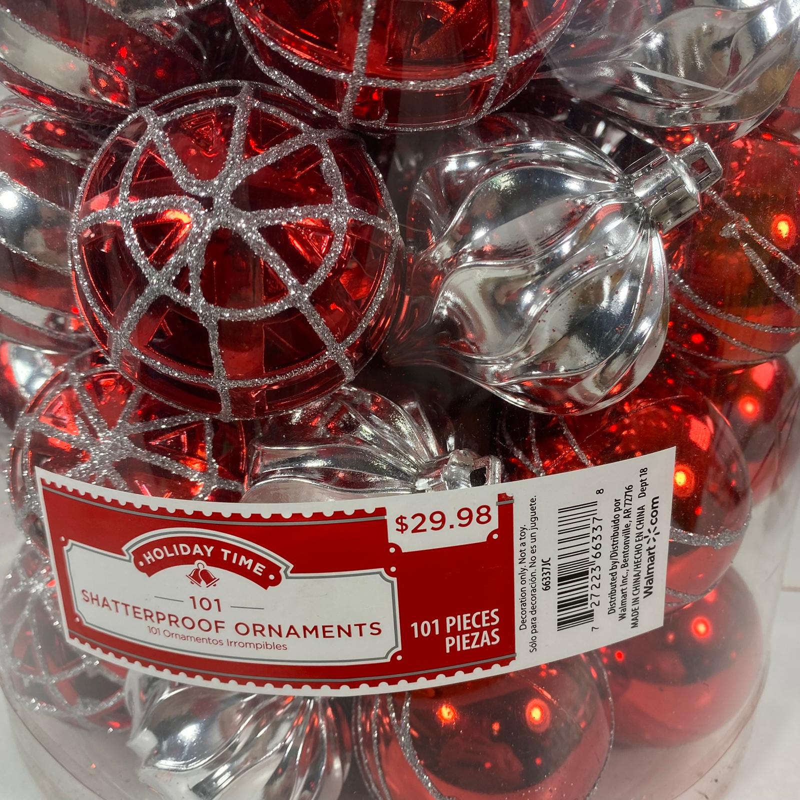 WM Christmas Decor - Assorted Red White Silver Plastic Ornament Bulbs 101 pc Set