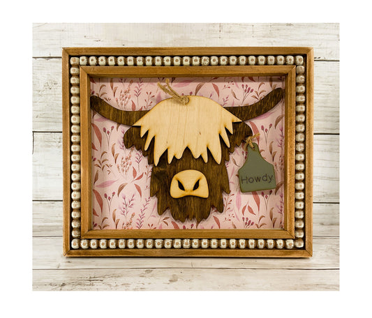 AGD Fall Decor - Pink Harvest Howdy Highland Cow Head Easel-back Sign