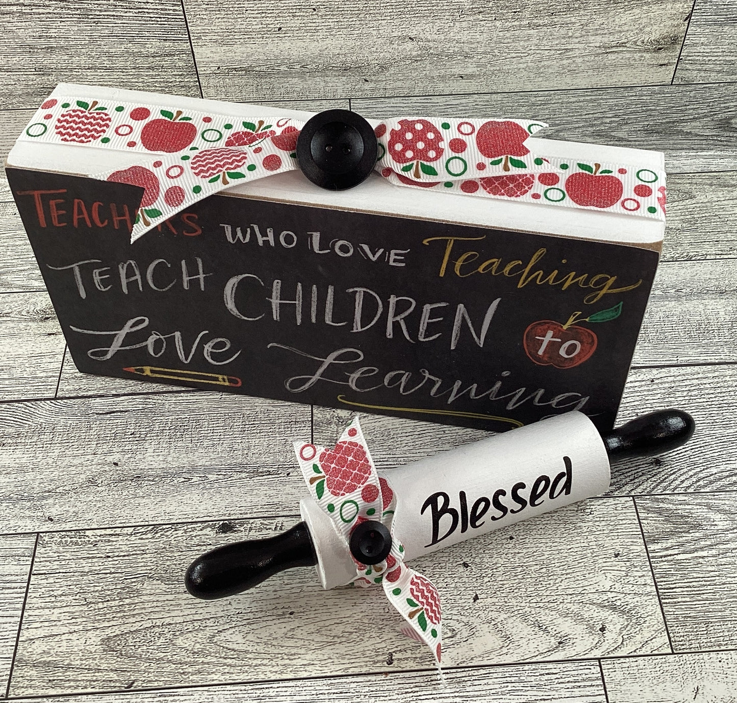 AGD Teacher Gift - School Love to Learn Blessed Rolling Pin and Box Sign 2pc