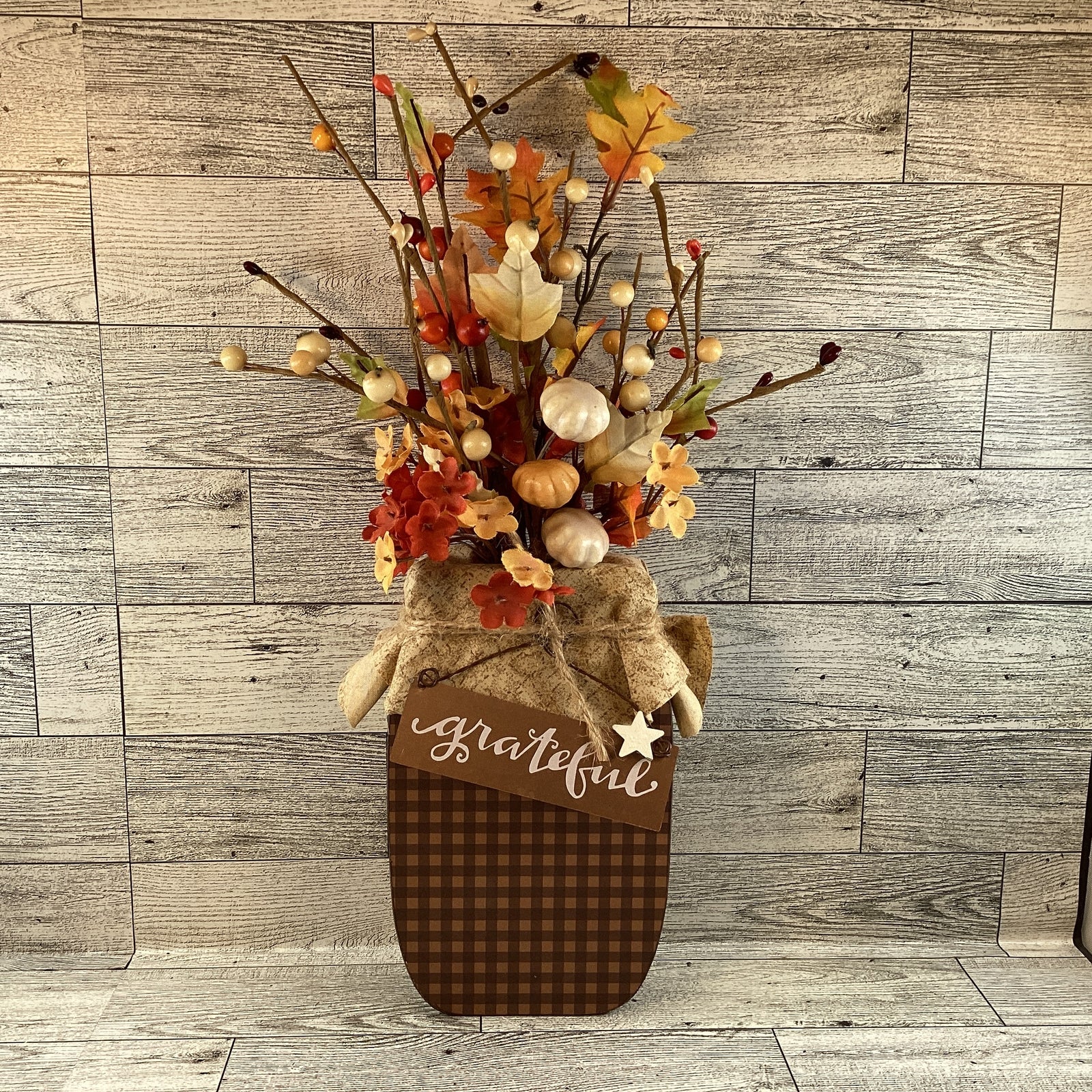 AGD Fall Decor - Autumn Blessed Grateful Floral Wood Mason Jar Display