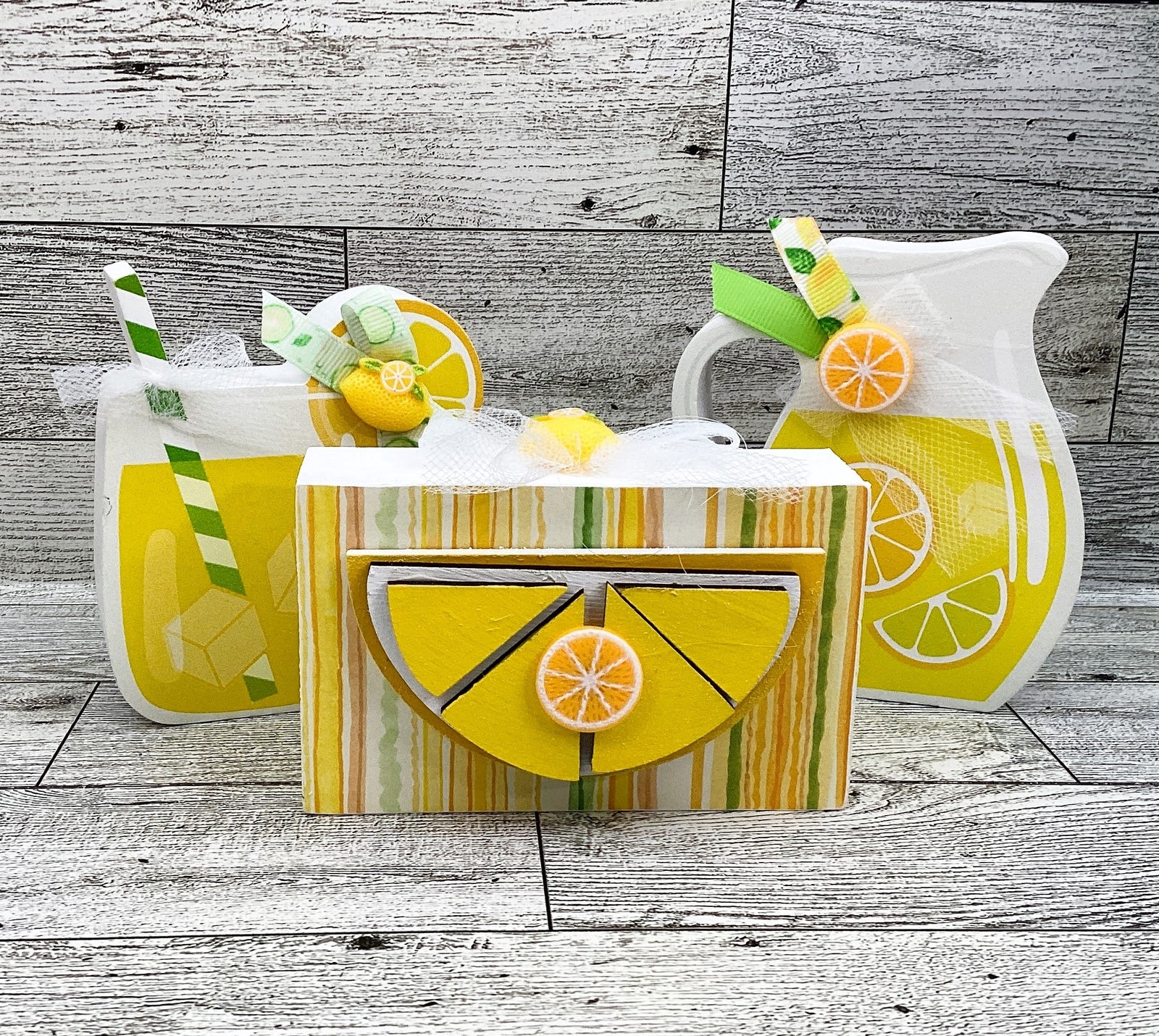 Summer Decor Lemon Lemonade Booth, Stand. Pitcher, Glass Tier Tray 4pc Set