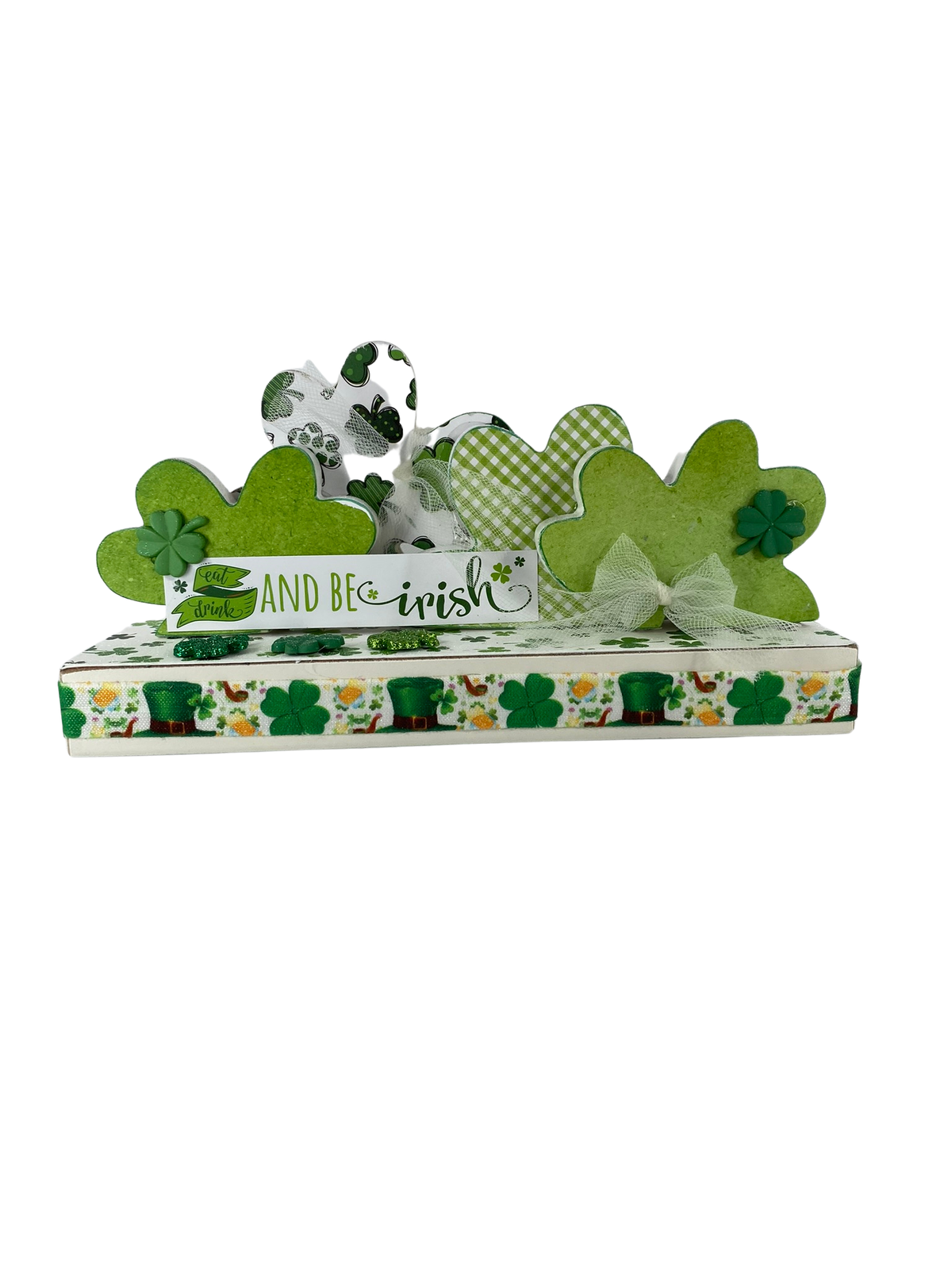 AGD St Patricks Decor - Eat Drink Irish Chunky Wood Shamrock Tabletop Display