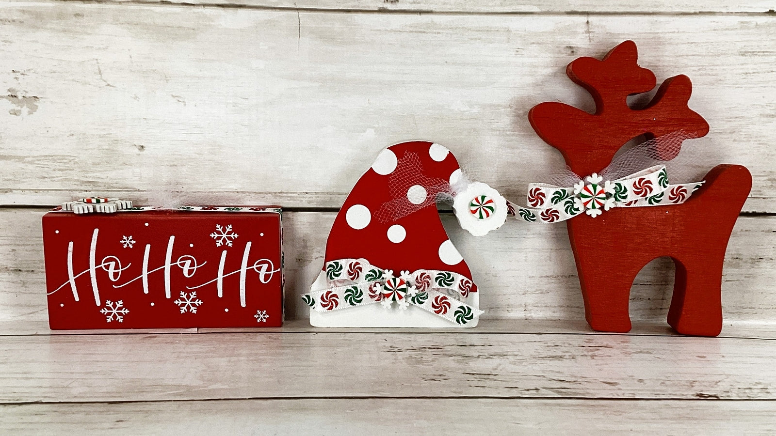 AGD Christmas Decor - Red White Peppermint Santa Hat Reindeer 3pc