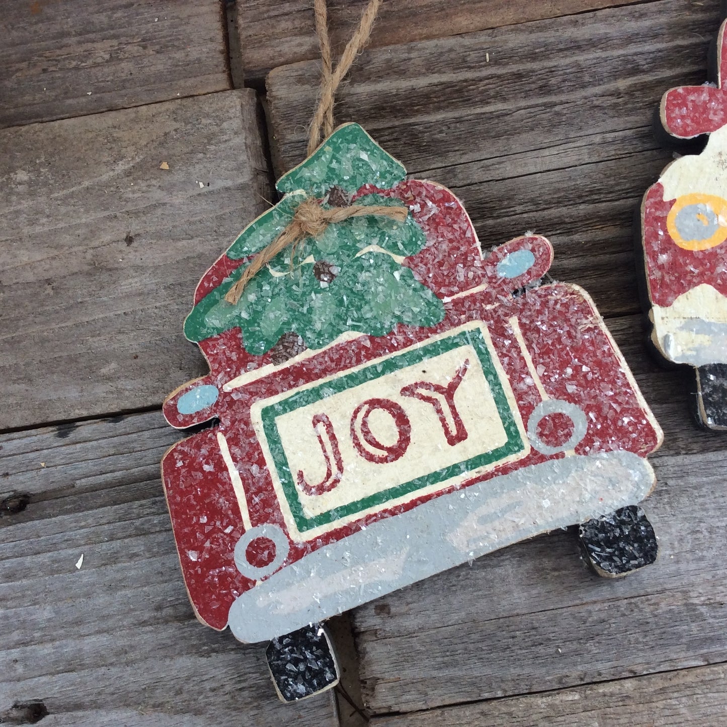 AGD Christmas Decor - Merry And Joy Red Truck Ornaments 2pc Set