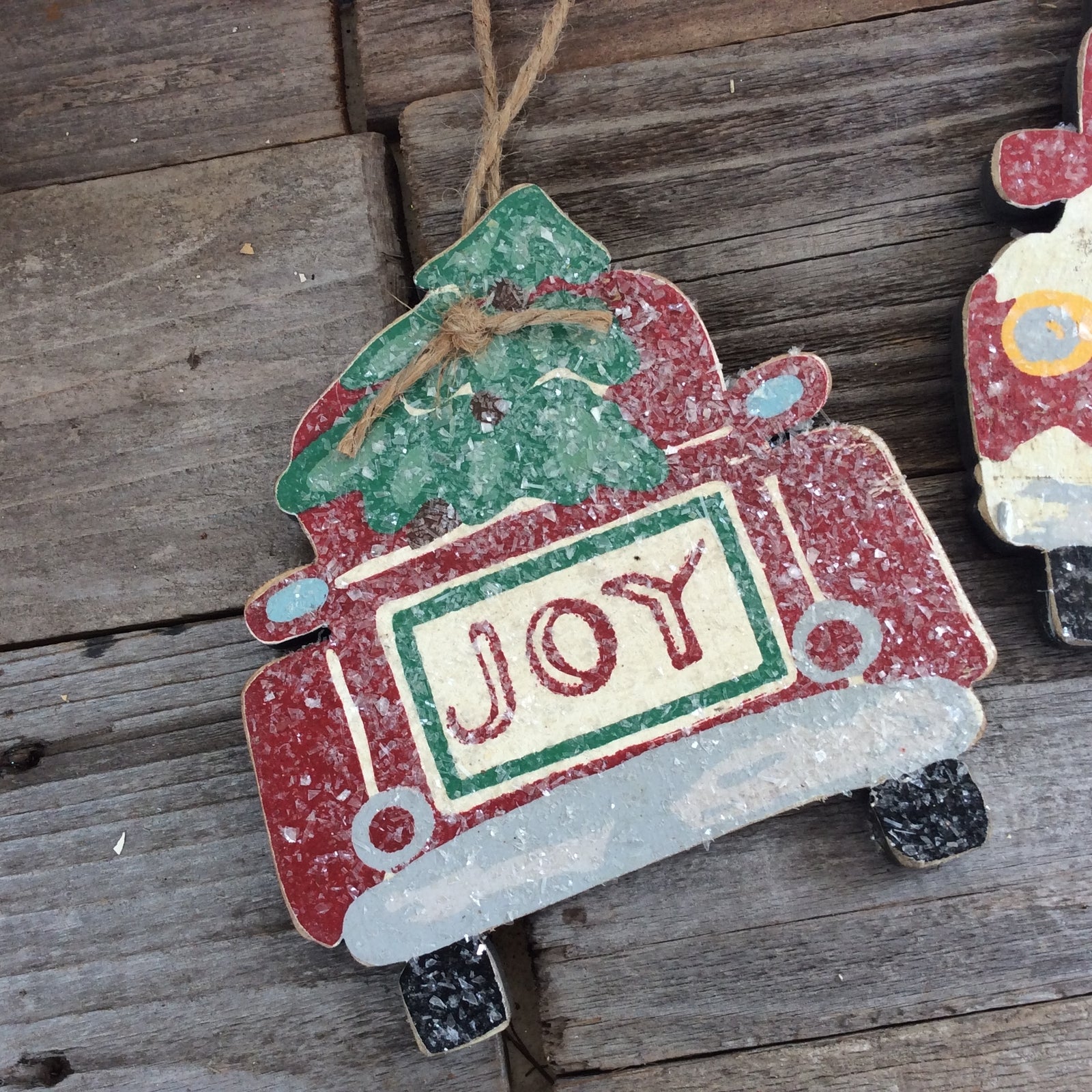 AGD Christmas Decor - Merry And Joy Red Truck Ornaments 2pc Set