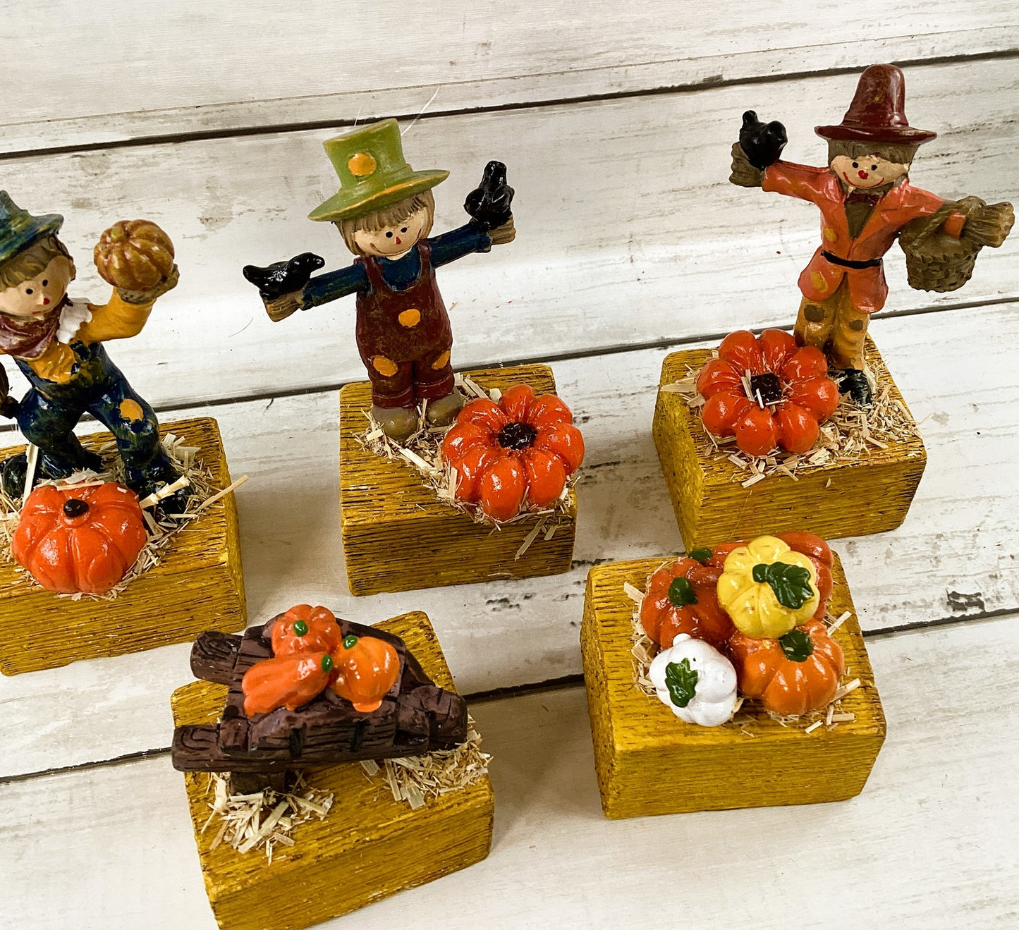 AGD Fall Decor - Resin Scarecrow Pumpkin Bale of Hay Figurine Display 6pc
