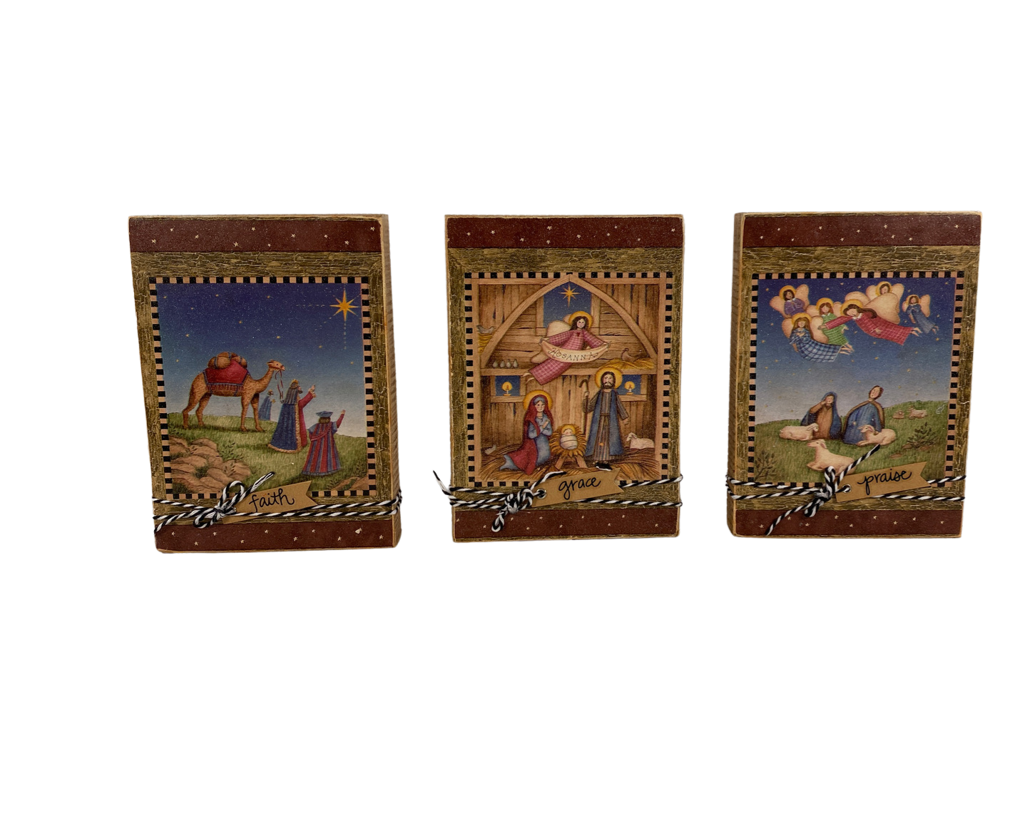AGD Christmas Decor - Prim Nativity Shepherd Angels Wood Block Signs 3pc Set