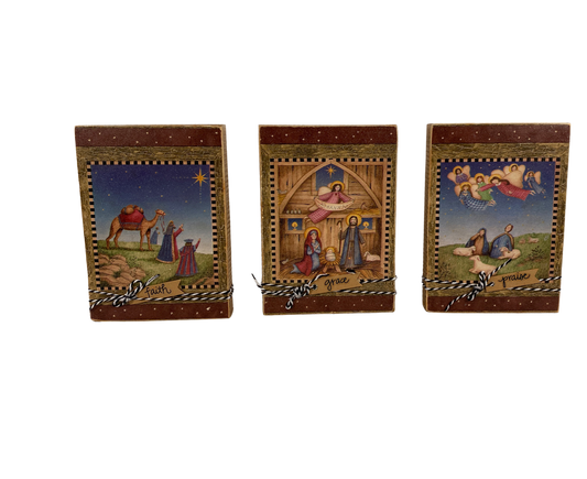 AGD Christmas Decor - Prim Nativity Shepherd Angels Wood Block Signs 3pc Set