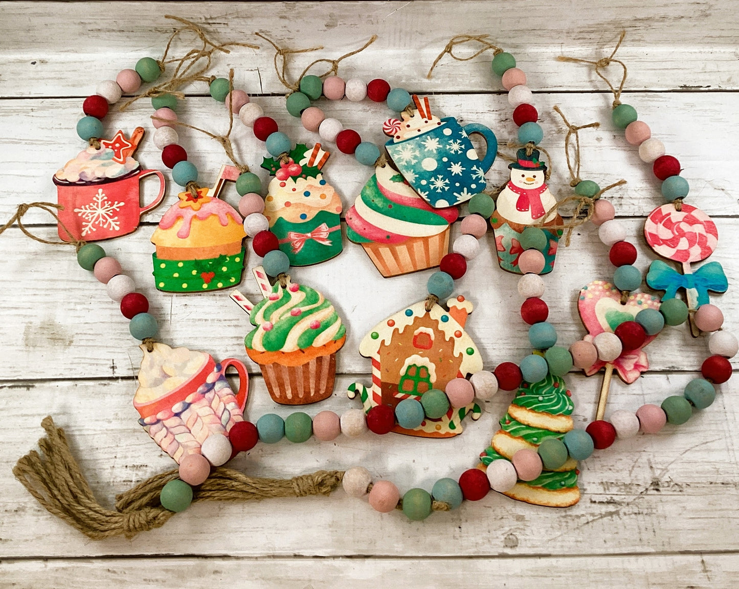 AGD Christmas Decor - Pastel Pink Blue Teal Beads Ornament & Garland 13pc