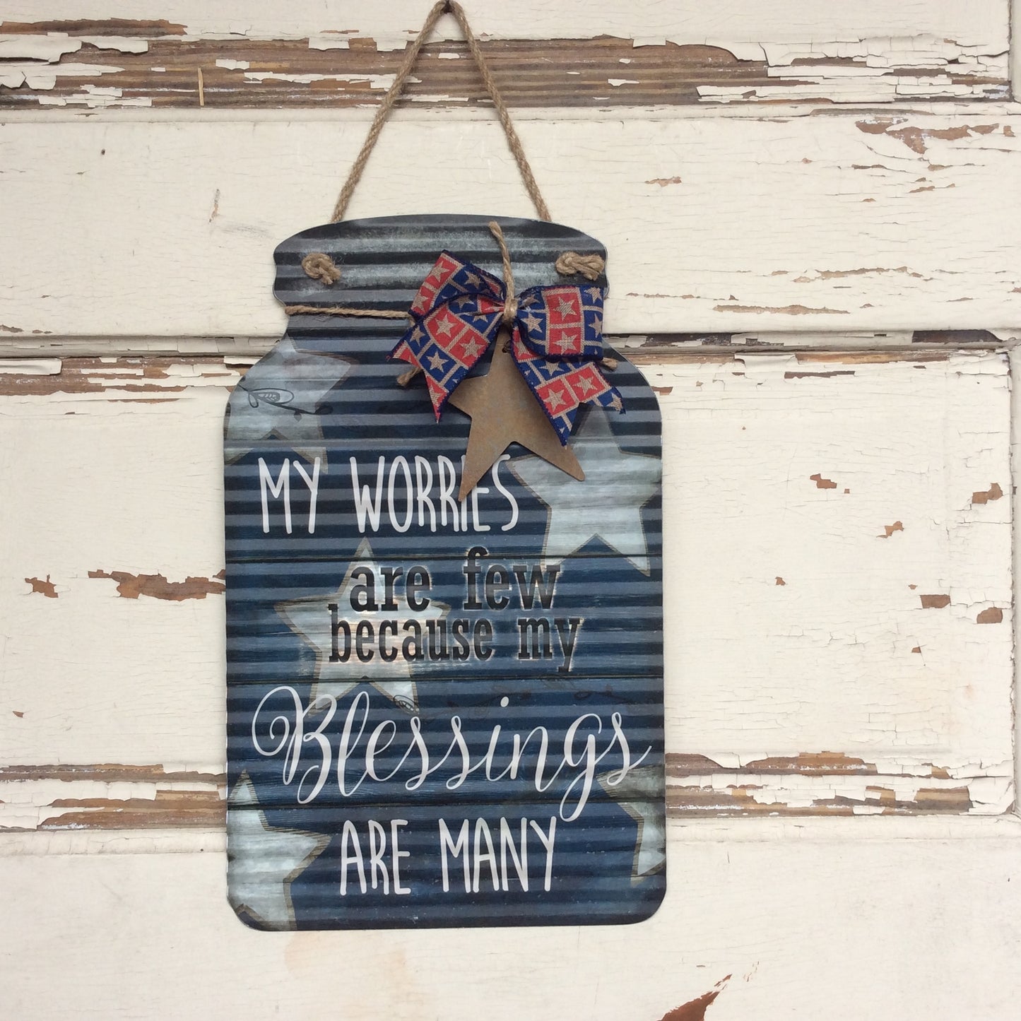 AGD Patriotic Decor - Prim Corrugated Metal Blessings Mason Jar Sign