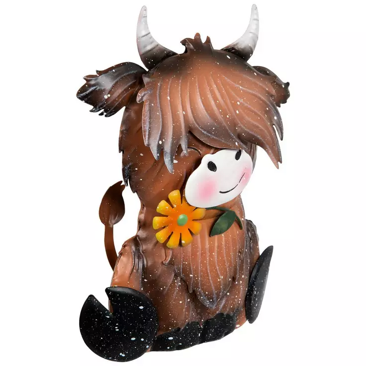 HL Spring Decor - Highland Cow with Flower Metal Sitter