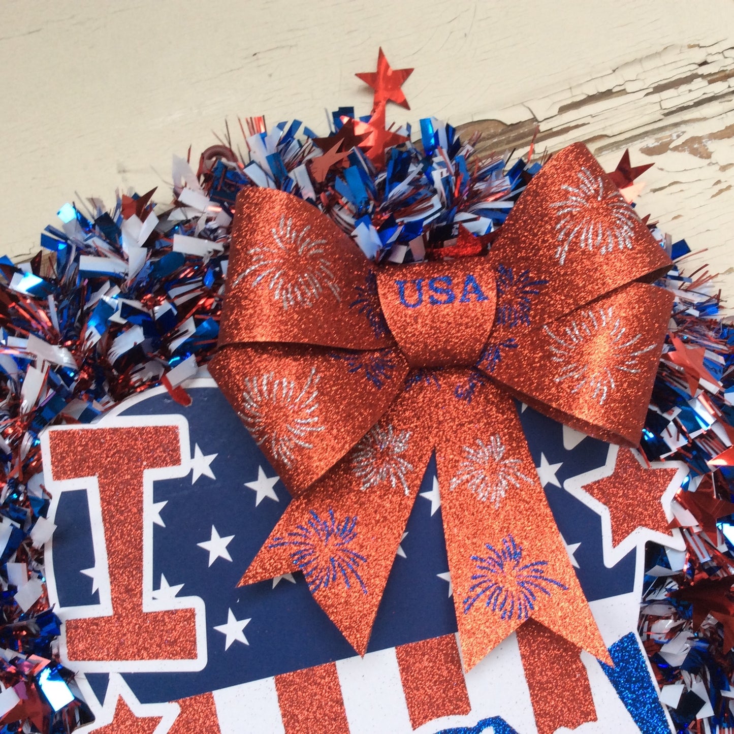 AGD Patriotic Decor - I HEART (Love) USA Tinsel Wreath