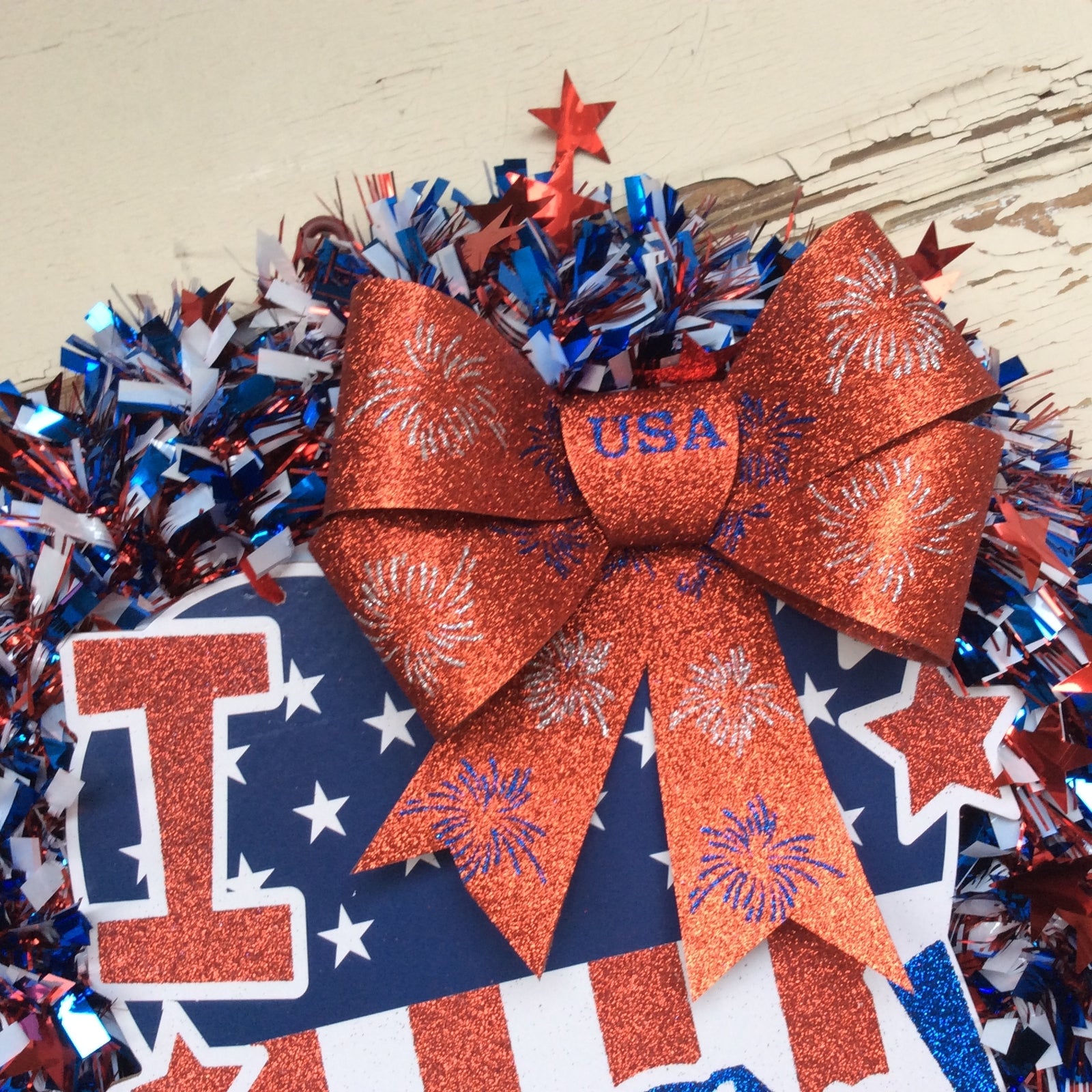 AGD Patriotic Decor - I HEART (Love) USA Tinsel Wreath