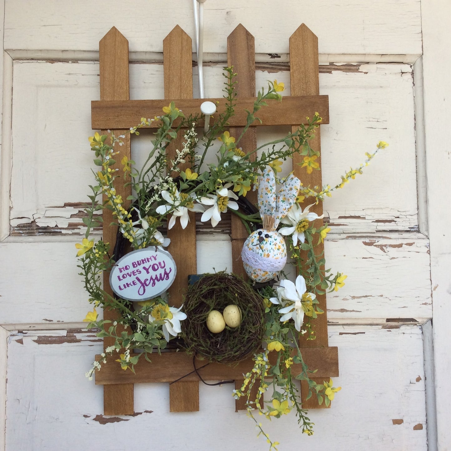AGD Easter Decor - No Bunny Loves You Like Jesus Fence Lighted Wreath