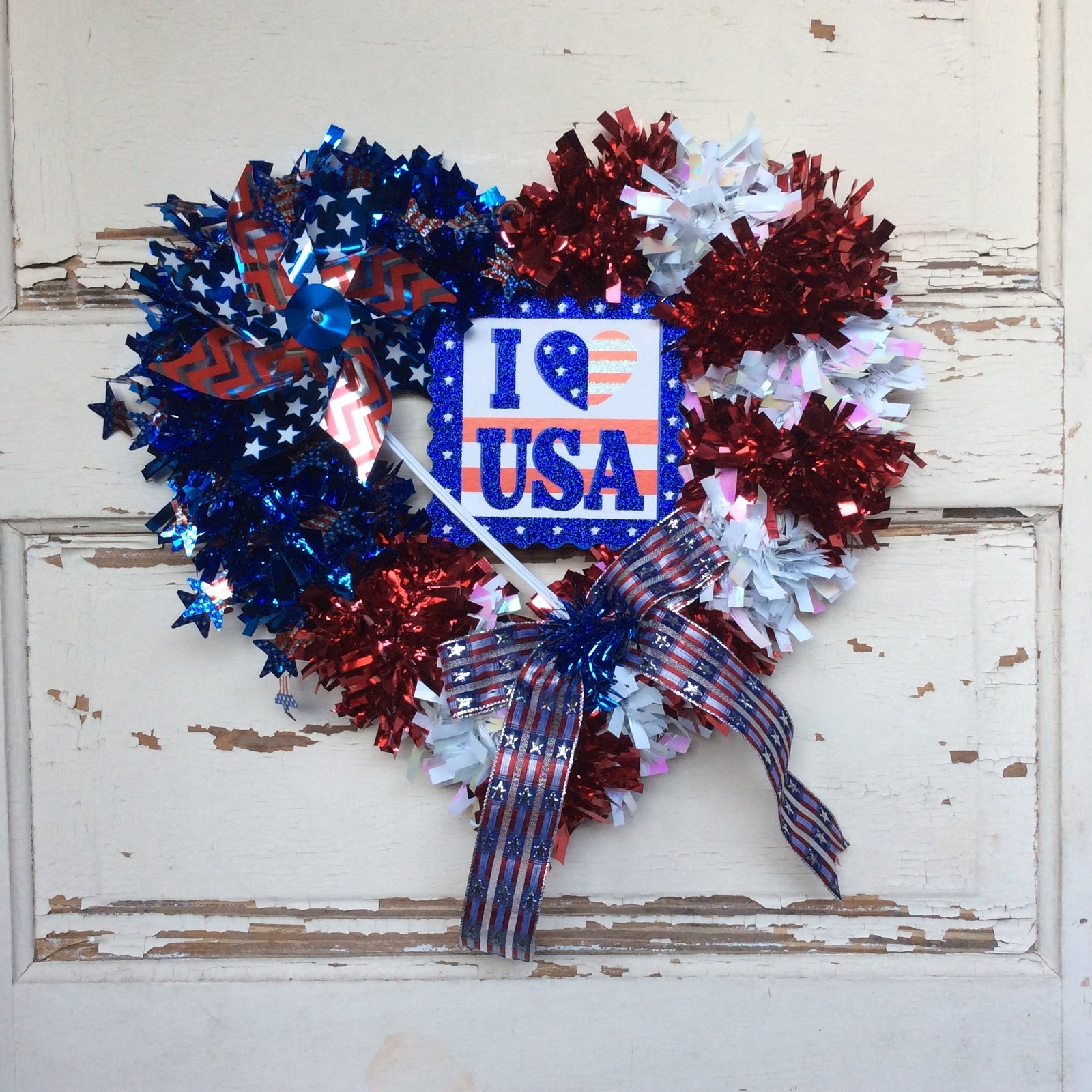 AGD Patriotic Decor - Love the USA Pinwheel Tinsel Heart Wreath
