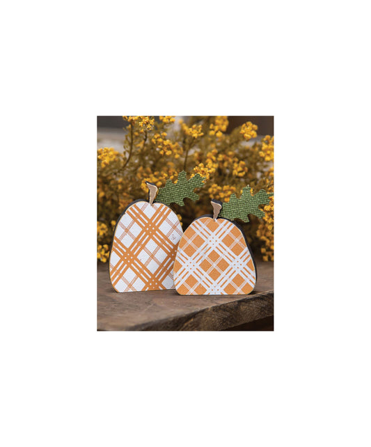CH Fall Decor -  Small Prim Brown Orange Plaid Wood Pumpkin Sitters 2pc