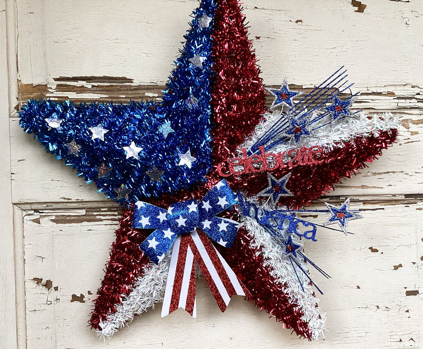 AGD Patriotic Decor - Celebrate America Tinsel Star Wreath Wall Decor