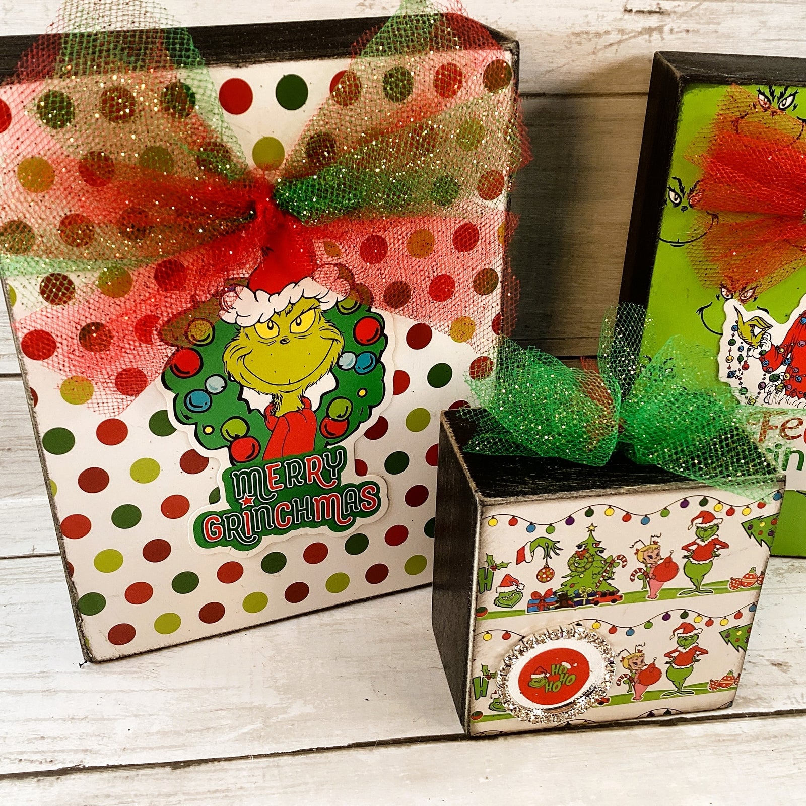 AGD Christmas Decor - Whimsy Green Monster Wood Gift Box Signs 3pc