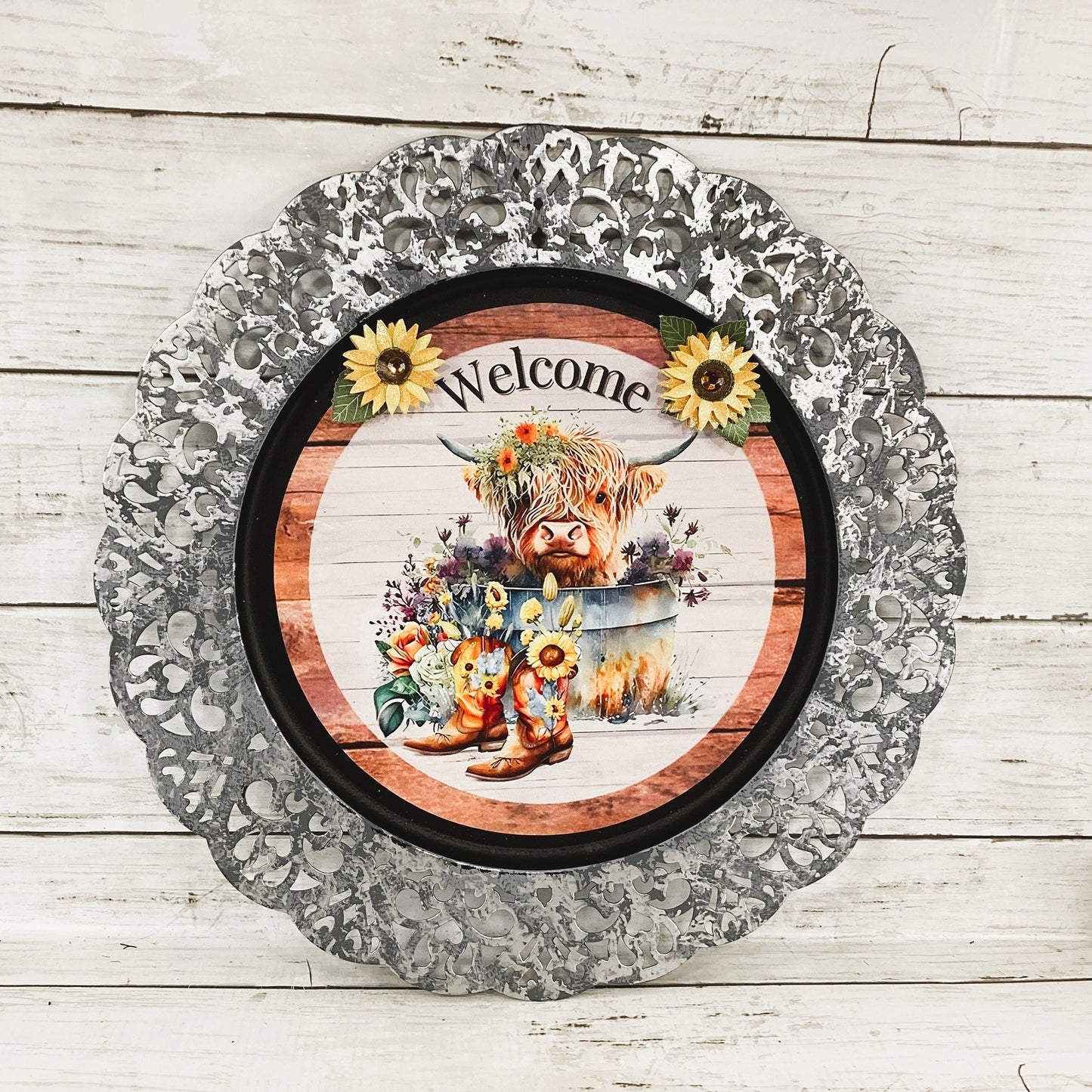 AGD  Spring Decor - Sunflower Cowboy Boots Highland Cow Charger Plate