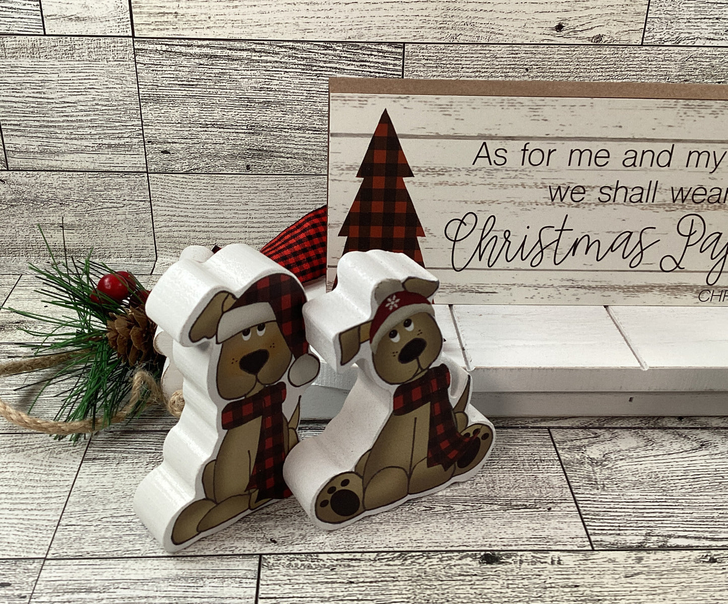 AGD Christmas Decor - Dog Pajamas Plaid Wood Tree Sled Display 6pc