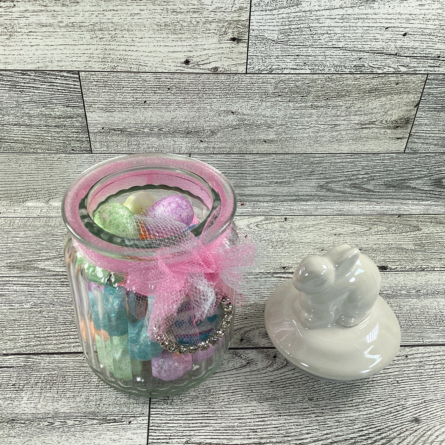 AGD Easter Decor - Small Glass Candy Jar With Foam Glitter Eggs