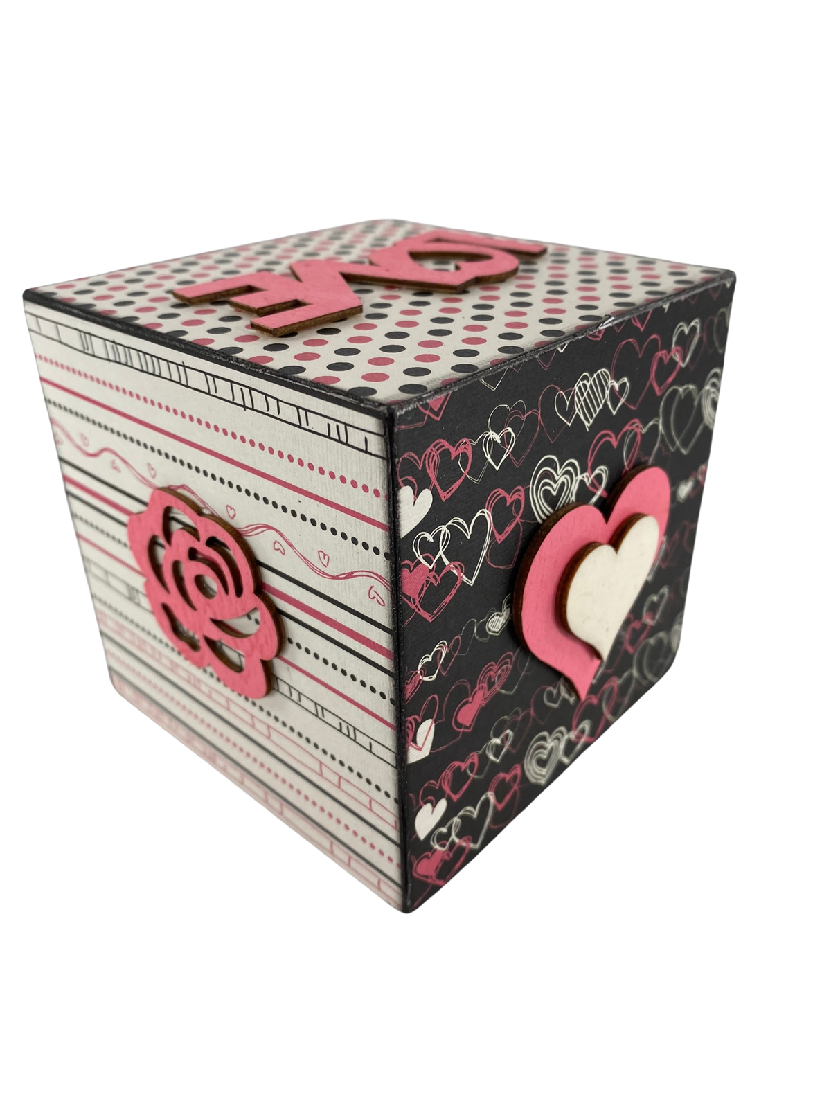 AGD Valentines Decor - Pink White Black Love Heart Icons Wood Block