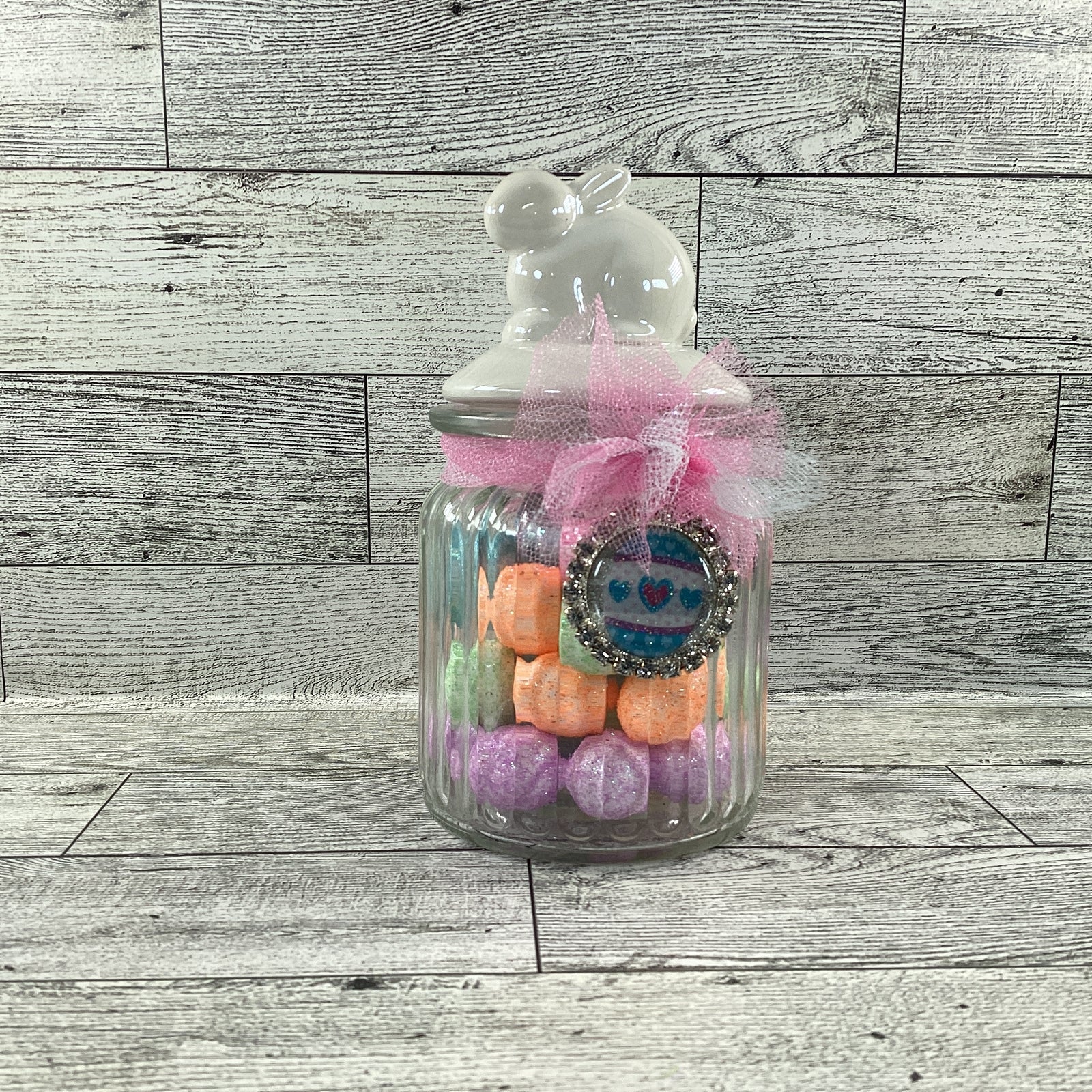 AGD Easter Decor - Small Glass Candy Jar With Foam Glitter Eggs