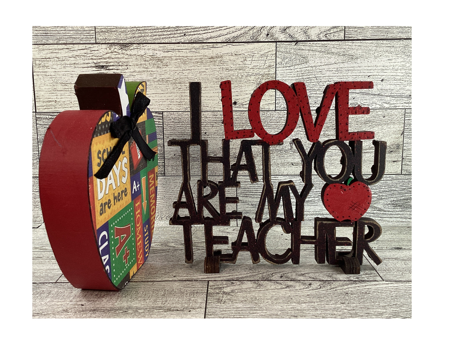 AGD Teacher Gift Decor - Love My Teacher Sign Chunky Wood Apple 2pc Set
