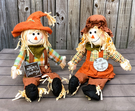 AGD Fall Decor - Sitting Dangle Legs Scarecrow Girl Boy Couple 2pc